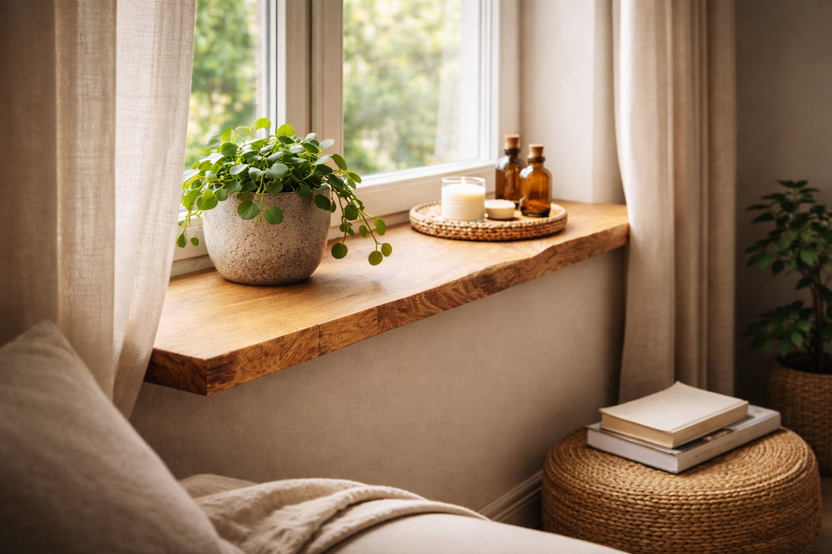 Massive Fensterbank aus Eiche mit natürlicher Baumkante