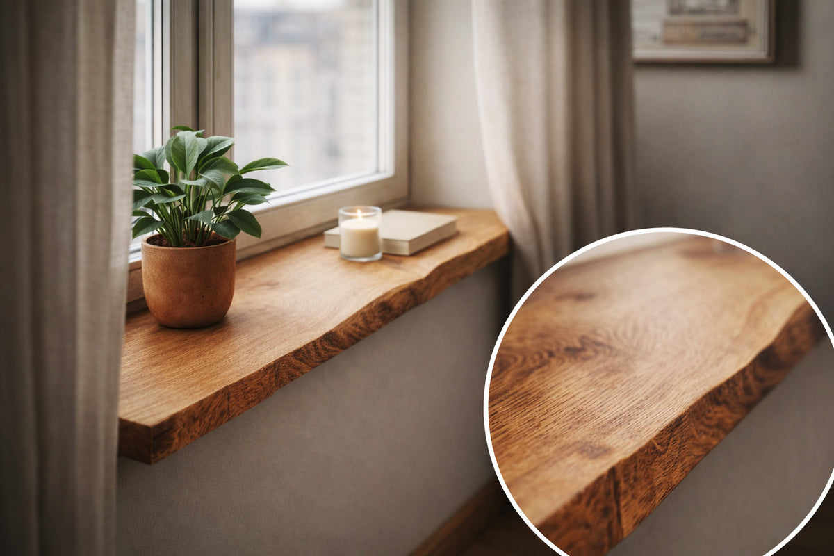 Massive Fensterbank aus Eiche mit natürlicher Baumkante