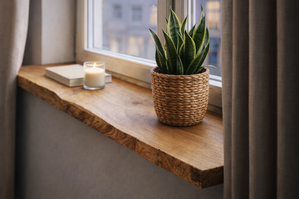 Massive Fensterbank aus Eiche mit natürlicher Baumkante