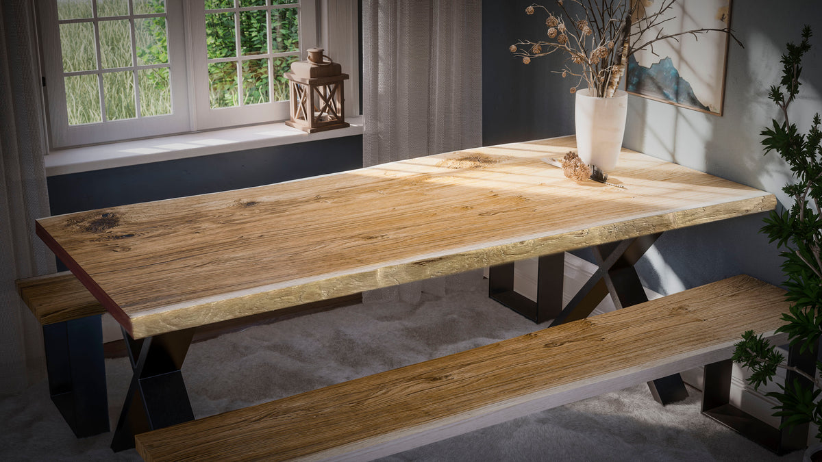 Esstisch Eiche / massiv / Naturkante / X-Kufen / Unikat