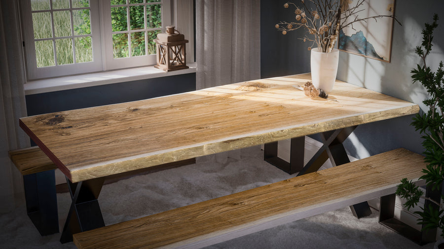 Esstisch Eiche / massiv / Naturkante / X-Kufen / Unikat